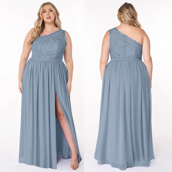 Azazie Demi one shoulder lace full length bridesmaid dress dusty blue size A14 - Picture 1 of 8